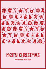 Wall Mural - Simple and colourful Christmas poster with ornaments. Greeting card decorated with Santa Claus, tree, reindeer, present and snowflake icons. Vector illustration