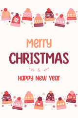 Wall Mural - Colourful Christmas greeting card with cartoon winter hats. Vector illustration