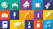 © Kuda - Flat design icons representing various arts and creative hobbies like painting, music, photography, literature, and theater on a colorful grid background, Flat Vector Elements, Vector Illustration,