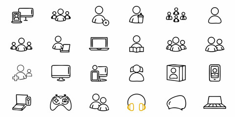 Engaging icons for web design, app development and user interface creation featuring people, devices, and collaboration elements in simple line art style