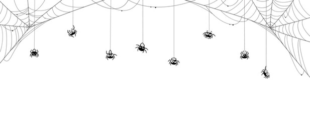 Halloween spider border cobweb. Horror night holiday vector background of cute black spider characters hanging on web threads. Halloween spiderweb banner border, trick or treat night party decoration
