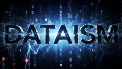 Pulsating Dataism text on a digital background with flowing binary code and data waves
