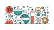 © MD - A flat design illustration of scientific and technological elements arranged in a horizontal layout against a white background