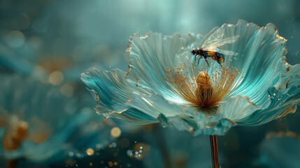 Surreal Blue Flower With Glowing Insect, A Dreamlike Macro Nature Scene For Creative Projects