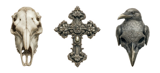 Detailed Isolation of Vintage Skull, Ornate Cross, and Crow Sculpture Art