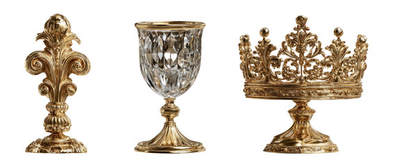 Elegant Golden Objects with Crystal Cup and Ornate Crown on Transparent Background