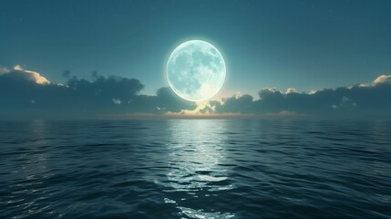 Wall Mural - Giant moon rising above dreamy ocean, glowing reflection on water, magical surreal atmosphere.