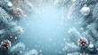 © Thisisanuar - Holiday greetings background with frosted pine branches, silver ornaments, and snowflakes along the edges, icy blue glow, sparkling particles, and a clean central space for text, evoking cool winter.