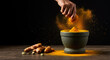 © ProArt Studios - A hand grinding vibrant turmeric powder in a stone mortar, creating an explosive cloud, highlighting traditional Indian culinary and Ayurvedic practices.