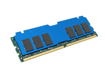 Blue computer RAM memory module isolated, DDR4 component for PC upgrade and high performance computing on transparent background