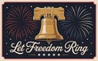 © Fakiha - The liberty bell is depicted with fireworks and stars, accompanied by the phrase let freedom ring, celebrating american independence and patriotism