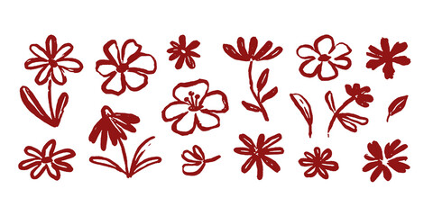 Flower brush paint stroke set. Hand drawn floral flower, leaf graffiti elements in brush paint silhouette set. Vector black ink stroke doodle floral texture sketch spring pattern. Vector illustration