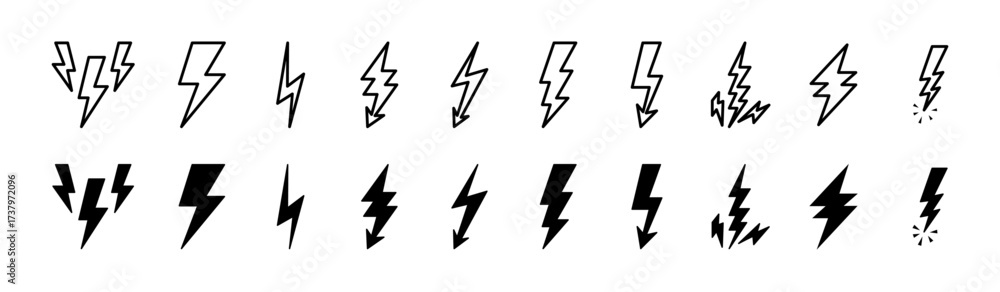 Lightning bolt icon set. Thunderbolt symbol. Electric power energy logo ...