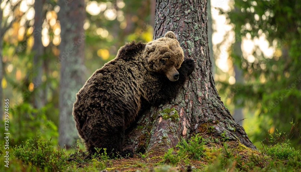Adorable brown bear hugging a tree in the Finnish forest, expressing ...