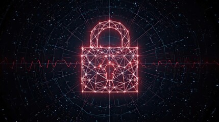 Glowing red padlock made of connected dots and lines on a dark background with light streaks