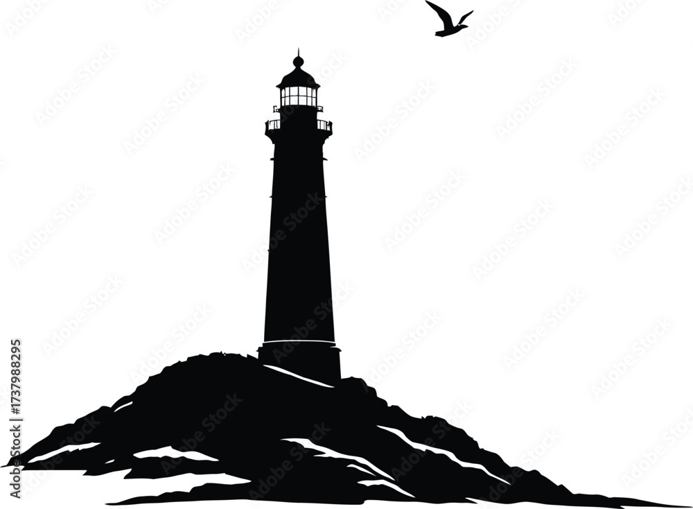 Lighthouse Silhouette Vector Featuring Coastal Beacon on Rocky Terrain ...