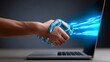 © ittipol - A human hand and a robotic hand meet in a digital handshake, symbolizing the merging of human ingenuity with advanced technology in the modern world. A powerful visual statement.