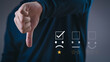 © Bordinthorn - Customer showing thumbs down with poor rating feedback icon, concept of negative review, dissatisfaction, low quality service, bad customer experience, business failure, online reputation management.