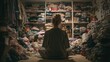 © At My Hat - Woman meditates among piles of clothes, closet shelves overflowing. Use it for stress, overwhelm, or the need for organization concepts.