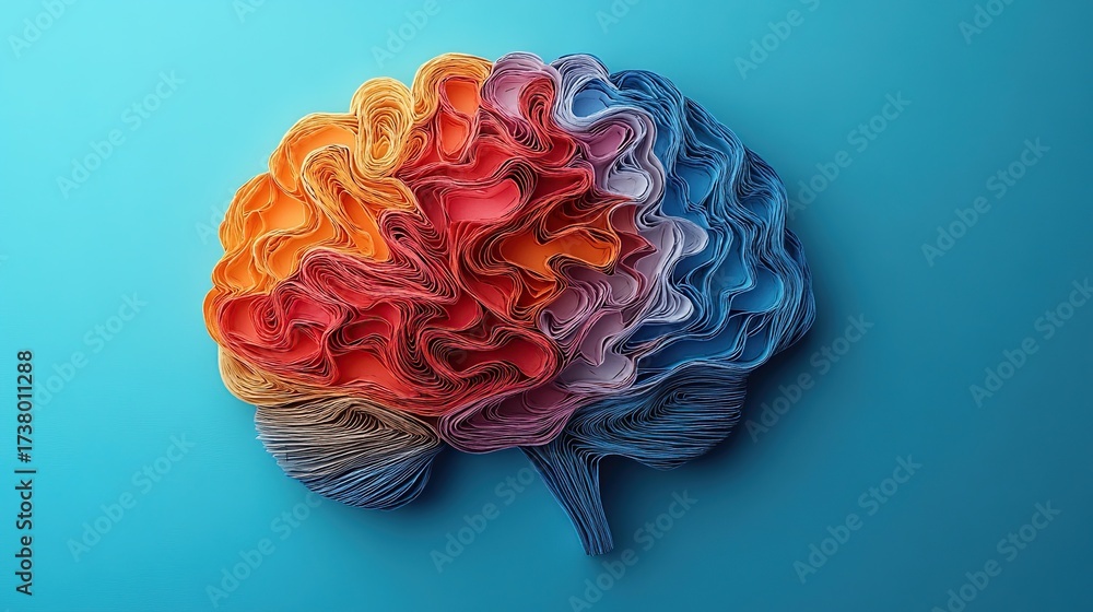 Layered paper brain with warm to cool gradient on light blue background blending hemispheric symbolism artistic anatomy cognition emotion and creative duality