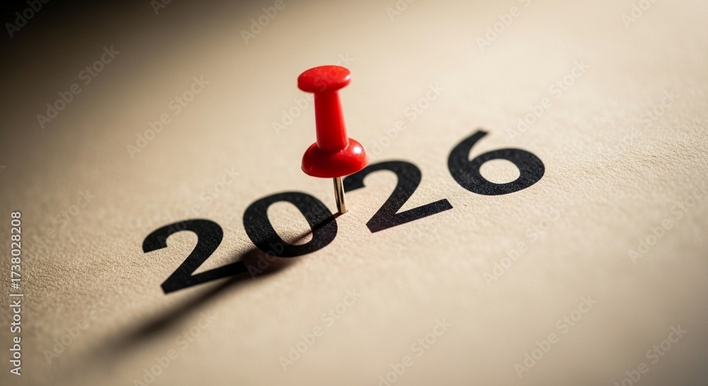 Red pin on the year 2026 marked on a calendar or important document ...