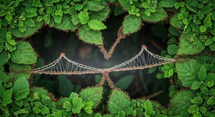 Close-up of Dew-covered Spider Web Between Green Leaves in Nature