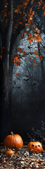 Wall Mural - A spooky forest adorned with Halloween decorations vertical banner - wide skyscraper - black background
