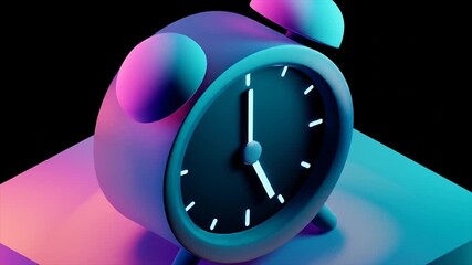 Animated 3 d alarm clock on a square platform against a black background