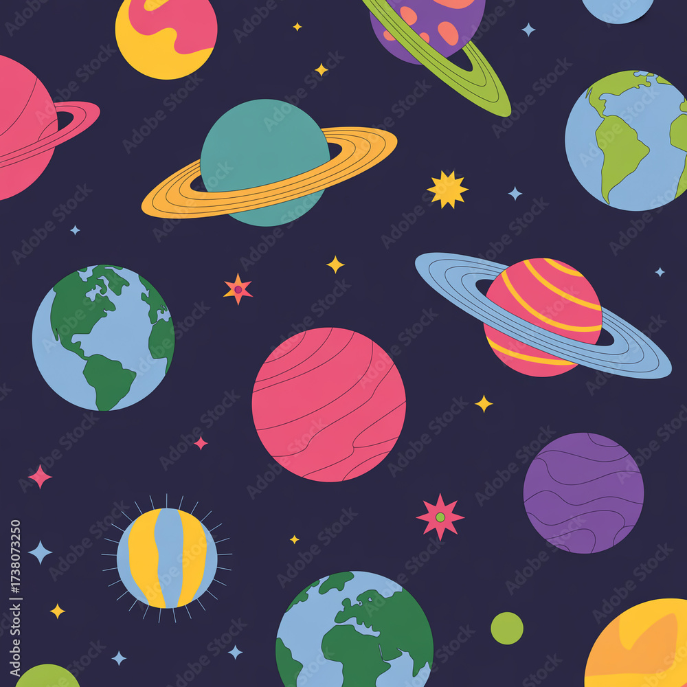 Seamless pattern with colorful planets and stars on a dark blue ...