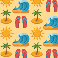 Seamless summer pattern with beach elements on a light yellow background, perfect for adding a fun and tropical vibe to your designs