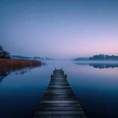  November landscape: misty lake at dawn, mirror reflection, lone wooden jetty, subtle ripples, meditative calm, copy space in sky gradient