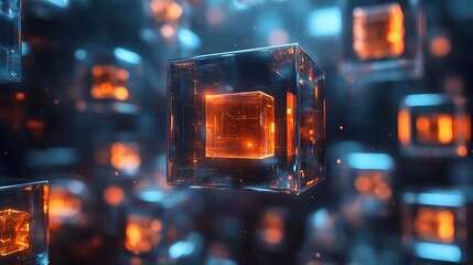 Glowing orange cube abstract digital art isolated on white background