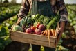 © Marina Demidiuk - Man holding crate full of fresh vegetables. Harvest box. Farmer Holding Crate Of Freshly Harvested Vegetables. Cropped. Farming for supply chain or agro business. Farmer, seller or supplier. Gardening