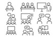 © Billy - Presentation icon set. Thin line icons for public speaking, conference, and business training. Editable stroke vector symbols for speaker, keynote, panel discussion and seminar.