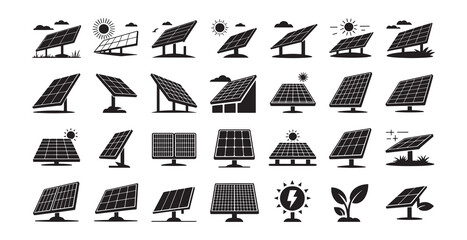 Diverse collection of solar panel icons representing renewable energy solutions