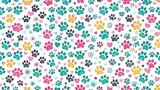 Seamless pattern of colorful paw prints and hearts on a white background