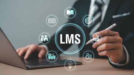 LMS, Learning management system concept. Lesson and online education, course, application, education and e learning. Businessman use laptop with virtual icons.