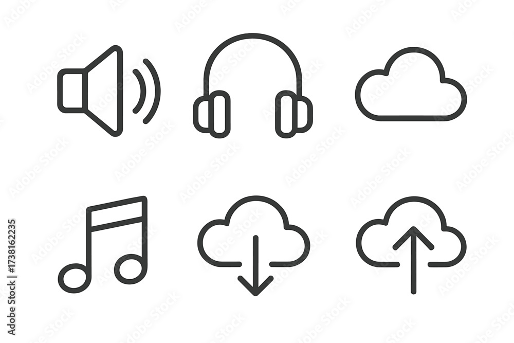 Minimalist music and audio icon set. Line art vector symbols for sound ...