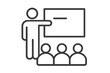 © Nadel - Business presentation line icon. Teacher with students in classroom. Person presenting on whiteboard. Seminar, conference, lecture, or training concept vector illustration.