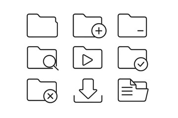 Folder line icon set for data management. Vector pictogram collection with editable stroke. Includes add, delete, search, download, and file icons for web and app UI UX design.