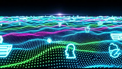 Abstract Digital Landscape with Glowing Icons and Wavy Particle Grid Animation
