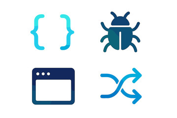 Modern digital symbols for coding, debugging, web interface, and data flow concepts