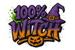 © Helenna - 100% Witch lettering for Halloween. Urban graffiti style T-shirt print design with witch hat and scary pumpkin. Spooky vector art illustration with spray paint texture effect.