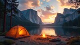 Scenic view of Yosemite campsite during sunrise. Orange tent stands near lake. Bonfire burns at shore. Mountains are reflected in water. Concept of calm vacation at nature outdoors. Travel lifestyle.