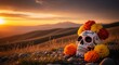© studiothole - Decorated Sugar Skull with Marigold Flowers in Golden Sunset Landscape, Celebrating Day of the Dead Traditions