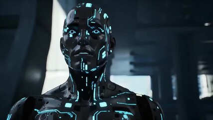 Futuristic android with glowing blue circuitry awakens, representing advanced AI and future technology in a sleek, modern environment