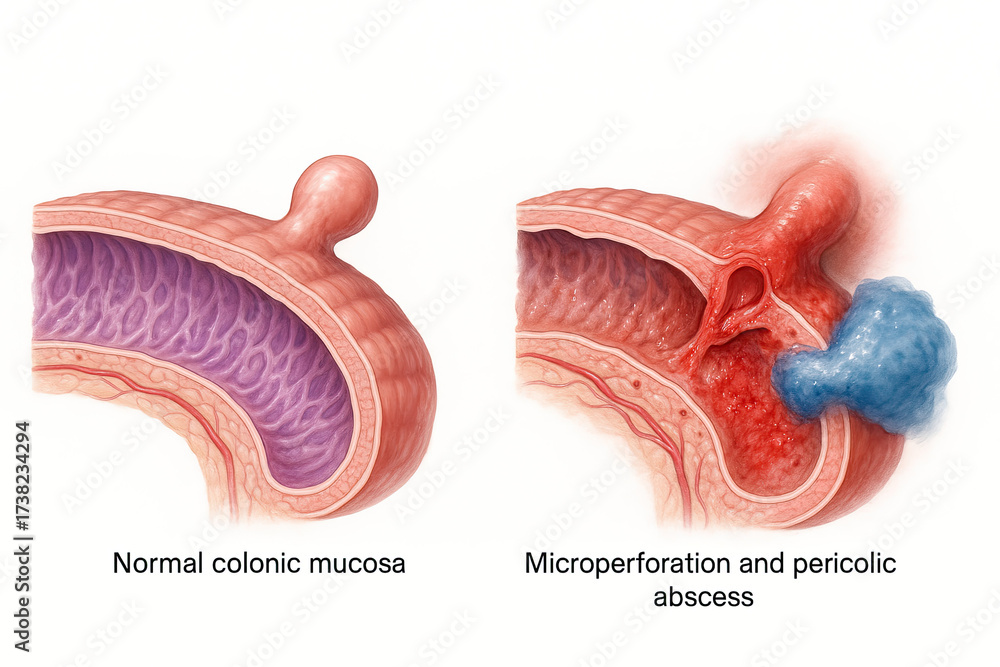 Pericholic Ilustración de Stock Anatomical illustration comparing normal colonic ...