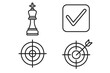© Ndien - Vector illustration of chess king checkmate, target bullseye and arrow hitting center, check mark icon collection, thin line business strategy and success symbols