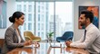 © Thumbs - Indian HR manager conducts job interview in a modern office setting with a professional candidate