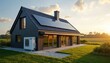 © Vadym - Modern house with solar panels on roof at sunset. Eco friendly home design with air source heat pump system near the building. Clean energy tech and sustainable lifestyle concept.